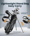 8 Piece Golf Club Set For Men With Stand Bag Driver Hybrid 5 7 9 Pitching Wedge Putter Right Handed Black Great For Beginners and Casual Players With High Forgiveness And Ample Distance Game Ready Feel shown with easy carry features.