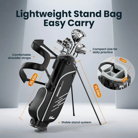 8 Piece Golf Club Set For Men With Stand Bag Driver Hybrid 5 7 9 Pitching Wedge Putter Right Handed Black Great For Beginners and Casual Players With High Forgiveness And Ample Distance Game Ready Feel shown with easy carry features.