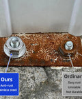 Comparison of Sturdy M6 Stainless Steel Hex Nuts Set 304 18-8 Thread 1.0, 70pcs for Indoor Outdoor Use and ordinary nuts on rusted metal plate.