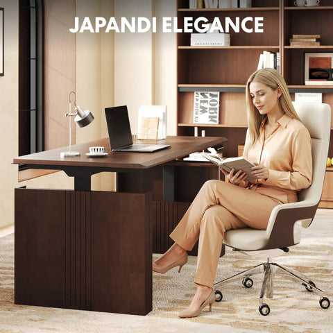 Get The Legit Badass Solid Wood Executive Standing Desk Featuring Sculpted Fluted H Frame Adjustable Height Mid Century Office Table In Rich Walnut For Your Setup, shown in a modern office setting.