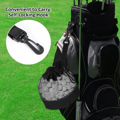 3 Pack Golf Ball Bags With Drawstring Mesh Pouches Holds Up To 20 Balls, Durable Nylon Polyester Practice Organizer hanging on golf bag with hook