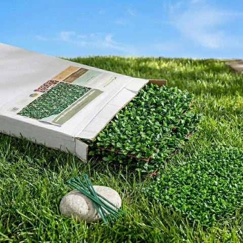 20 By 50 Inch Artificial Privacy Grass Wall Decor With Ficus Leaves And Faux Trellis Expandable Lattice Panels unboxing over grass