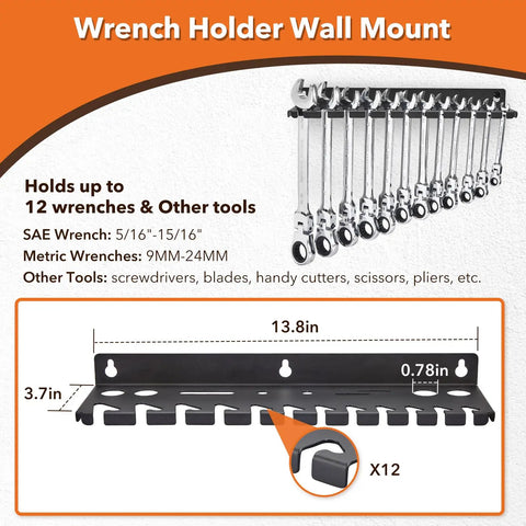 4-Piece Wall Mount Tool Organizer Set with wrench holder for 12 wrenches, displaying dimensions 13.8in x 3.7in, galvanized steel