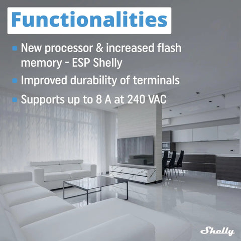 Text overlay on modern living room highlighting functionalities of One Channel WiFi Smart Switch Relay With Power Measurement Gen3 Mini 8A 240V.