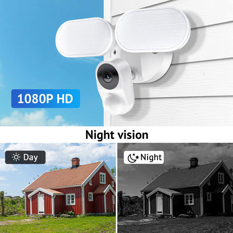 Outdoor Floodlight Security Camera With 2600 Lumen LEDs 1080P HD WiFi Waterproof Motion Detection Alerts Clear Night Vision Two Way