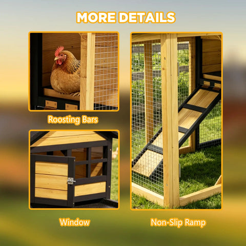 Wooden Chicken Coop With Run Outdoor Hen House Poultry Hutch Removable Tray And Ramp Wire Fence featuring roosting bars and ramp