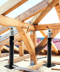 Two Pack Adjustable Floor Jacks For Leveling, Telescoping Steel Jacks With Safety Lock Pins installed under wooden beams