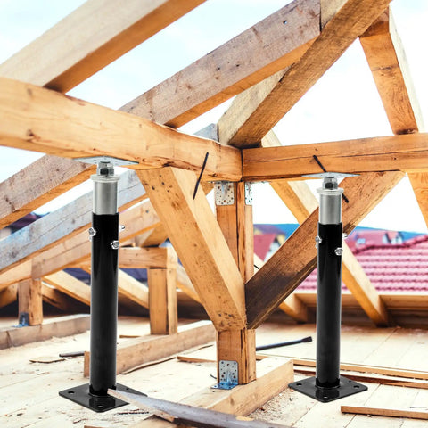 Two Pack Adjustable Floor Jacks For Leveling, Telescoping Steel Jacks With Safety Lock Pins installed under wooden beams
