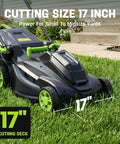 17 Inch Electric Lawn Mower with Brushless Motor and 6 Height Settings for Small to Medium Yards shown on grass