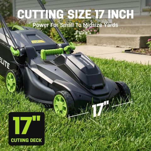 17 Inch Electric Lawn Mower with Brushless Motor and 6 Height Settings for Small to Medium Yards shown on grass