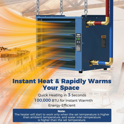 Top Shelf Hydronic Hanging Heater Featuring One Hundred Thousand Btu Hot Water Radiance, designed for quick heating in shops.