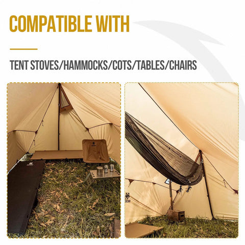 Interior of Hot Tent With Stove Jack For Four Season Hammock Camping Gear 3000mm Waterproof Shelter with hammock and cot setup