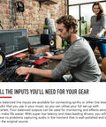 Man using Scarlett 8i6 Third Gen USB Audio Interface for recording in home studio setup with Six Line Inputs visible