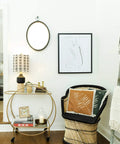 Natural Wood And Black Ceramic Table Lamp With Linen Mudcloth Shade on entryway console, modern home decor light