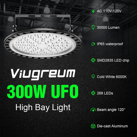 5 Pack 300W UFO LED High Bay Lights for Warehouse and Workshop, 30,000 Lumens, 6500K Daylight White, IP65 Waterproof Bay Lighting