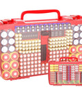 Massive 269 Battery Organizer Case With Built In Tester Dual Sided Storage For AA AAA 9V C D 18650 And Button Cells, red plastic case
