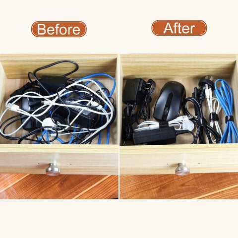 Drawer with tangled cords before and organized cords using 120 Pack 6 Inch Reusable Cable Ties Set For Home And Office Use, Five Colors.