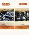 Before and after comparison of drawer using Six Inch Reusable Cable Ties Set With 120 Pieces For Wire And Cord Organization.
