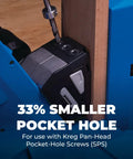 Slick Micro Pocket Hole Drill Guide Kit For Tight Projects And Half Inch Lumber Precision Mini Jig showing smaller pocket hole for Kreg screws.