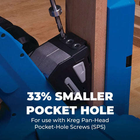 Slick Micro Pocket Hole Drill Guide Kit For Tight Projects And Half Inch Lumber Precision Mini Jig showing smaller pocket hole for Kreg screws.