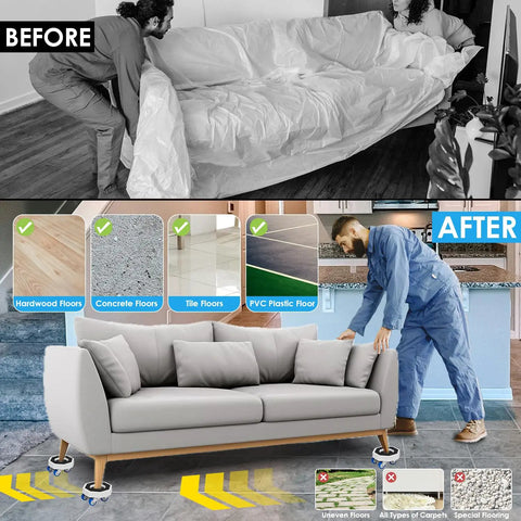 Before and after image showcasing Heavy Duty Furniture Sliders And Moving Dollies With 360 Degree Swivel Wheels used for easy sofa movement.