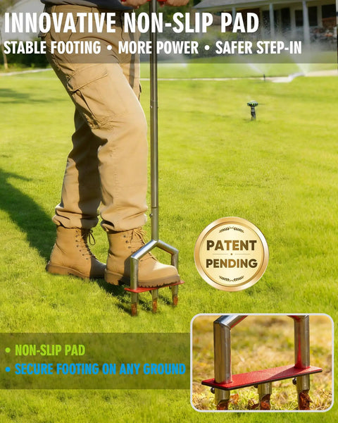 Person using 42 Inch Lawn Aerator Made From 304 Stainless Steel Rust Resistant Core Aeration Tool For Compacted Soil with non-slip pad