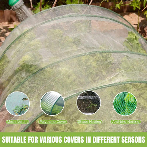 Fiberglass Garden Hoops Pack 36 Pcs 8 Feet Each With PVC Coating for raised beds shown with various nettings and plant protection.