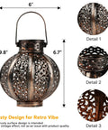 Two Pack Hanging Solar Lanterns Outdoor Copper Finish Vintage Style Solar Powered Lights For Yard Decor Waterproof LED 6 Lumens Warm White Glow With Real Firelight Look Iron And Plastic Construction