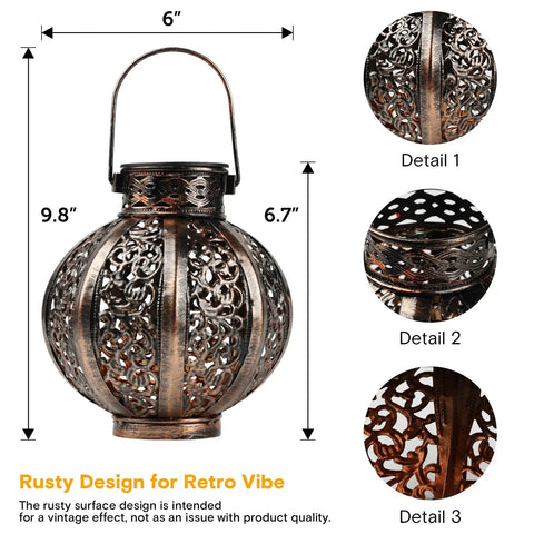 Two Pack Hanging Solar Lanterns Outdoor Copper Finish Vintage Style Solar Powered Lights For Yard Decor Waterproof LED 6 Lumens Warm White Glow With Real Firelight Look Iron And Plastic Construction
