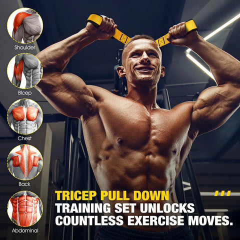Man using Resistance Bands Set With Handles And Door Anchor for Home Gym Workouts in fitness center, focusing on triceps.