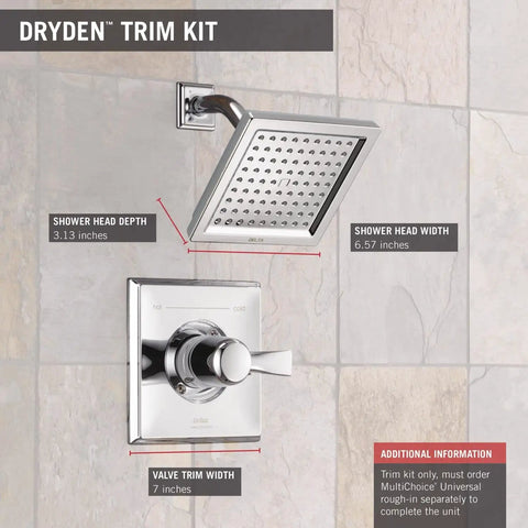 Dryden 14 Series Shower Trim Kit With Single Spray Touch Clean Head Chrome Finish T14251 Valve Not Included, dimensions shown