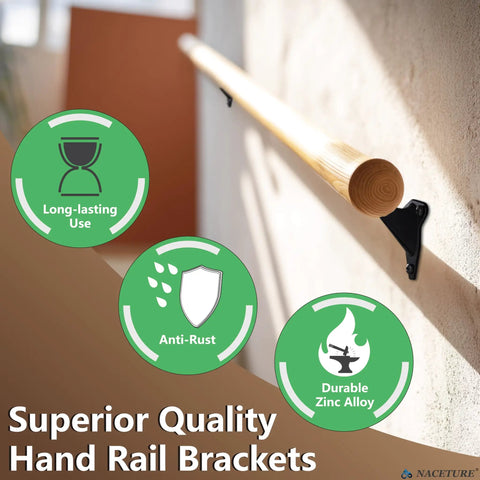 Sturdy 3 Inch Black Handrail Brackets for Stairs detail with wooden rail on wall showcasing durability features.