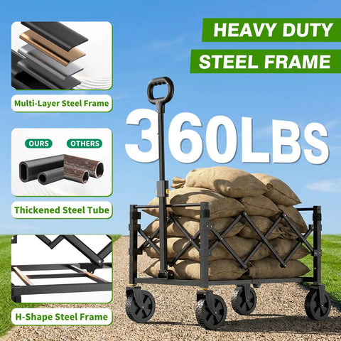 Collapsible Wagon Cart With Wheels Foldable 360 Lb Capacity Portable Heavy Duty Utility Wagon loaded with sandbags on path