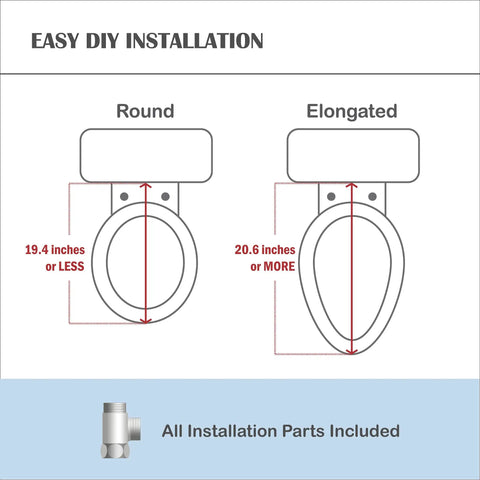 Easy DIY installation guide showing Round and Elongated toilet sizes for Round Bidet Toilet Seat With Wireless Remote.