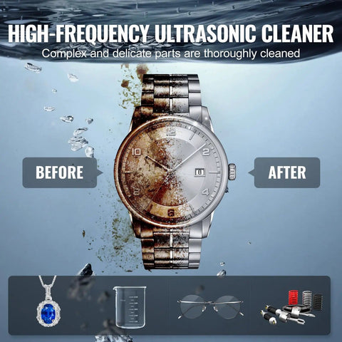 Before and after of a watch cleaned with the 6L Ultrasonic Cleaner With 40kHz Power 180W Digital Cleaning Gear Featuring Gentle Mode