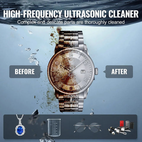 3 Liter Ultrasonic Cleaner Machine With Digital Screen And Integrated Heater, 40khz Straight Up Powerhouse That Scrubs Gunk Right Off, Squeaky Clean Setup For Rings Glasses Retainers before and after cleaning watch, jewelry, and glasses.