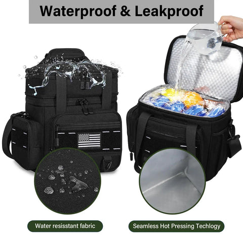 Expandable Tactical Lunch Box 16L Large Insulated Cooler Bag shown with waterproof and leakproof features, black color.
