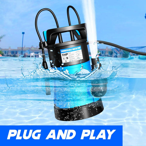 Workhorse Submersible Sump Pump 1HP 5300GPH High Flow Water Transfer Pump With Automatic Float Switch in a pool