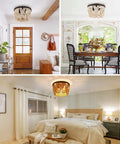 Boho Wood Beaded Chandelier Three Light Flush Mount Ceiling Fixture With Engraved Pattern Oil Rubbed Bronze in various rooms