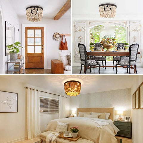 Boho Wood Beaded Chandelier Three Light Flush Mount Ceiling Fixture With Engraved Pattern Oil Rubbed Bronze in various rooms