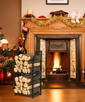 Two Tier Firewood Rack With 3 Hanging Hooks Heavy Duty Steel Wood Holder for indoor fireplace holds up to 200 lbs black