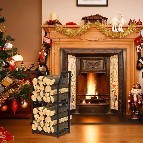 Two Tier Firewood Rack With 3 Hanging Hooks Heavy Duty Steel Wood Holder for indoor fireplace holds up to 200 lbs black
