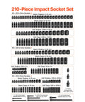 Detailed layout of a 210-piece impact socket set with various sizes, metric, and SAE options displayed.