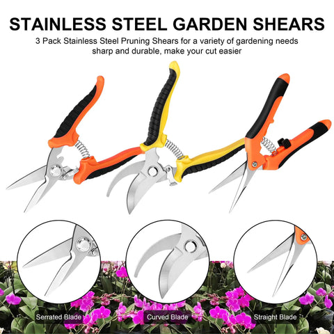 Three Pack Stainless Steel Garden Shears Pruning Set With Heavy Duty Bypass Serrated And Straight Blades For Pruning Flowers Shrubs Branches