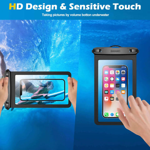 Hands holding 4 Pack 10.5 Inch Waterproof Phone Pouches For Underwater Use showing phone inside clear dry bag, perfect for beach, pool.
