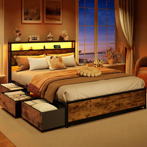 Queen Bed Frame With A Slick Two Tier Storage Headboard And Built In Charging Station Plus Six Roomy Drawers For A Game Changing Sleep Setup And Effortless Daily Flow, detailed view in modern bedroom setting.