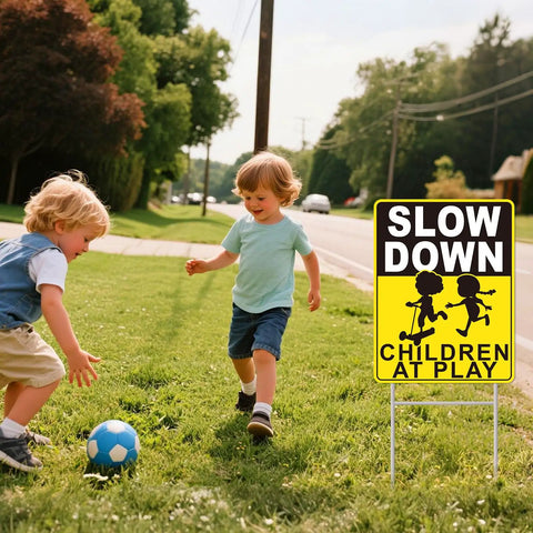 Children playing near Slow Down Children At Play Safety Signs 2 Pack 17 By 13 Inch Double Sided Corrugated Plastic With H Metal Stakes