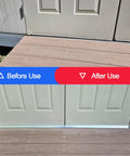 Before and after use of Heavy Duty Door Rain Drip Guard And Slim Drip Edge Cap, showing effective water protection at exterior door.