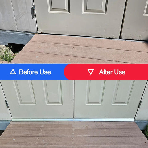 Before and after use of Heavy Duty Door Rain Drip Guard And Slim Drip Edge Cap, showing effective water protection at exterior door.