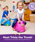 Kids enjoying ride-on luggage in playroom; kids ride-on luggage
